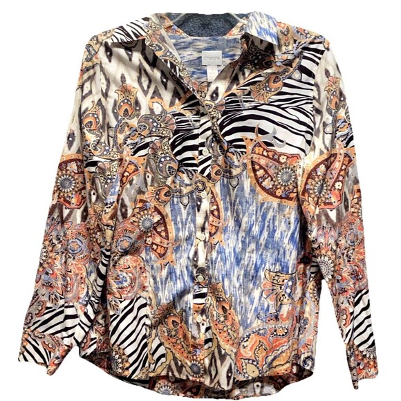 Chico's Batik Print Blouse – Size 1 Batik 100% Cotton Chico's Size 1 (M/8) - Picture 1 of 9